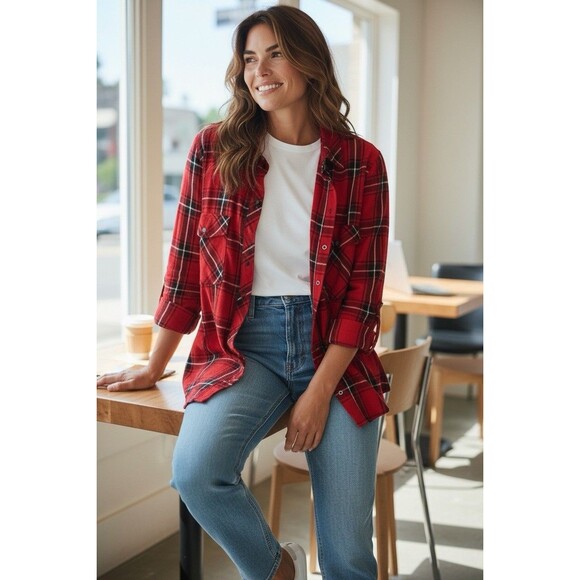 Sanctuary Shirt Women's Red Black Plaid Button Up / Snaps Boyfriend Shirt XL S - Picture 1 of 9